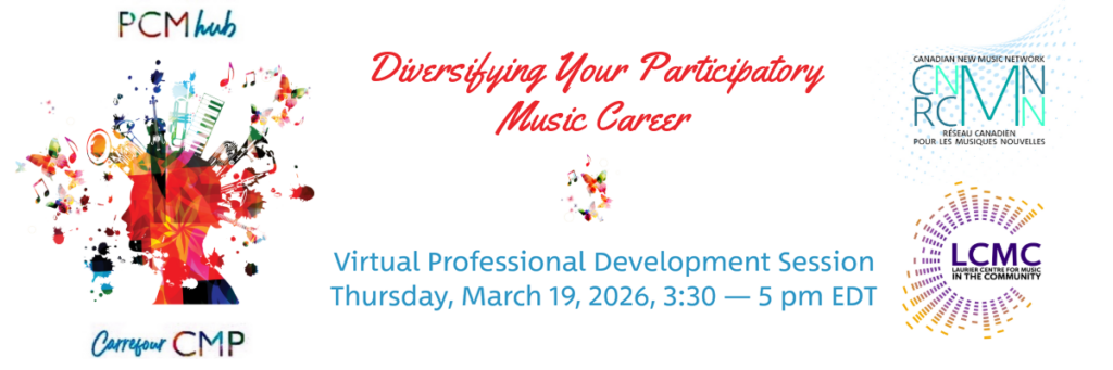 Diversifier votre carrière dans la musique participative Bannière promotionnelle pour une « Session virtuelle de développement professionnel ». Au centre, le titre en rouge « Diversifying your Participatory Music Career » et en dessous en bleu « Virtual Professional Development Session ». À gauche, une illustration artistique colorée d'un profil humain d'où sortent des instruments de musique, des notes, des papillons et des taches d'encre. Au-dessus de la tête figure le texte « PCM Hub » et en dessous « Carrefour CMP ». À droite, les logos superposés du Réseau canadien pour les musiques nouvelles (en haut) et du Laurier Centre for Music in the Community (en bas).